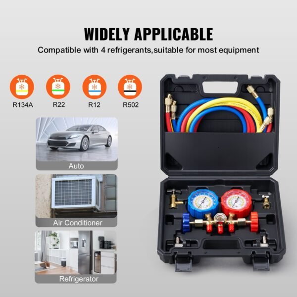 0f0930d8-8c54-4eb5-b9ac-df9be840ea7b.jpg 3-Way AC Diagnostic Manifold Gauge Set Fits For R134A, R22, R12, R502 Refrigerant, AC Gauge Set With 152 Cm Hoses, Couplers, Can Tap For Car A/C System Automotive Air Conditioning Maintenance