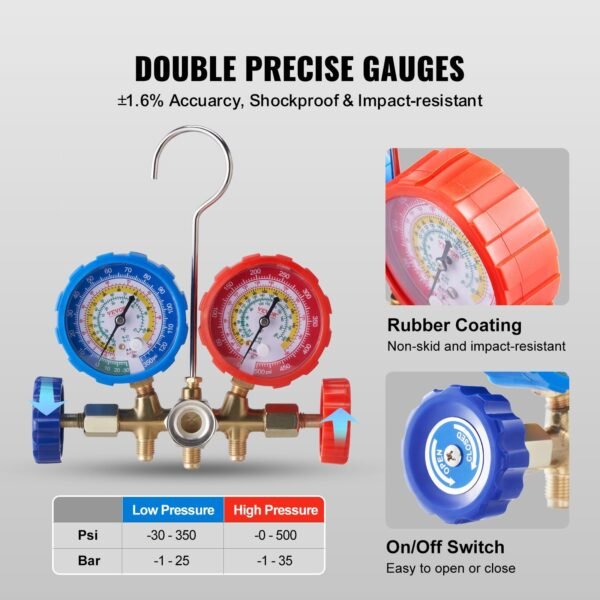 14f87407-1d17-48ed-b027-d229793dff87.jpg 3-Way AC Diagnostic Manifold Gauge Set Fits For R134A, R22, R12, R502 Refrigerant, AC Gauge Set With 152 Cm Hoses, Couplers, Can Tap For Car A/C System Automotive Air Conditioning Maintenance