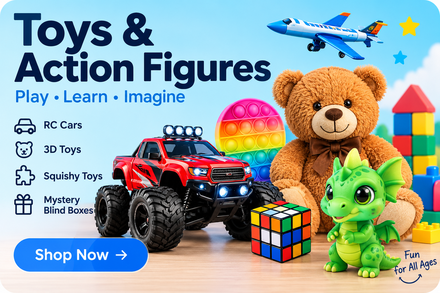 Toys and Action Figures – RC Cars, 3D Toys, Squishy Toys and Mystery Blind Boxes