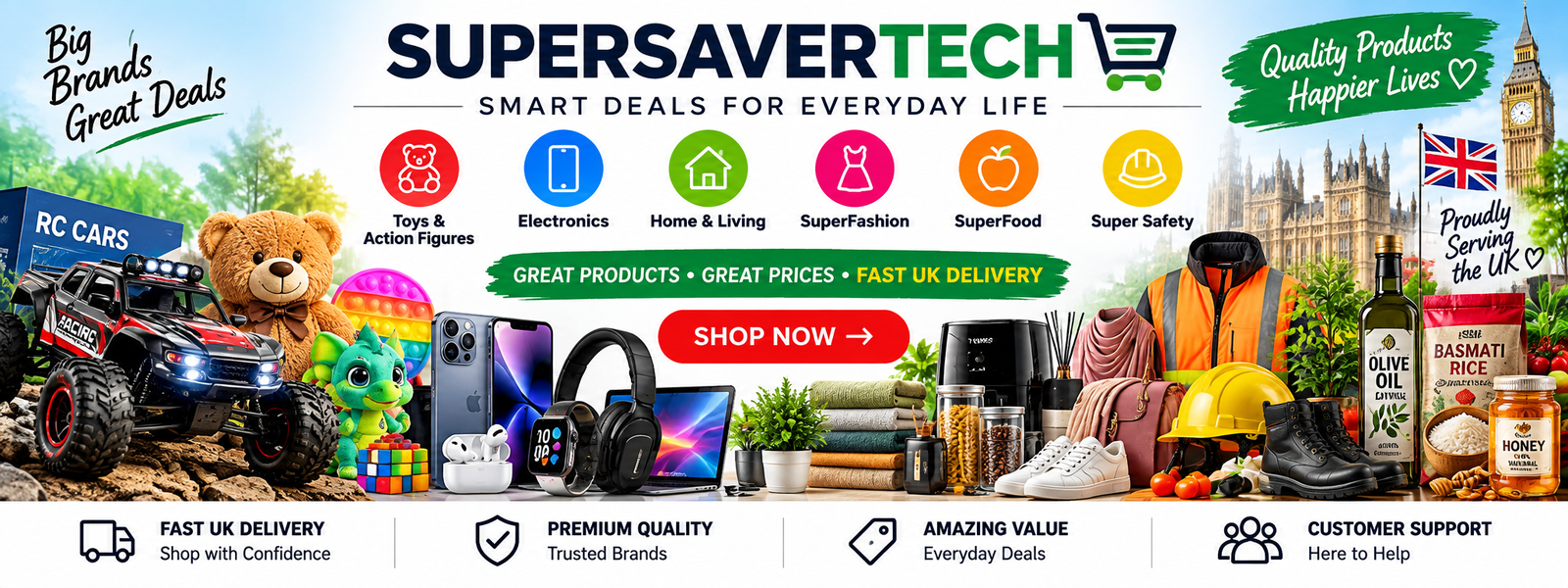 SuperSaverTech online shopping for toys, electronics, home and living, fashion, food and safety products with fast UK delivery