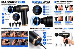 Portable black massage gun with phone size comparison, dimensions and lightweight travel features.
