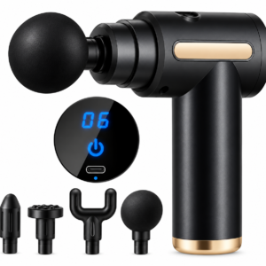 ChatGPT Image Sep 27, 2026, 05_15_34 PM Portable black massage gun with phone size comparison, dimensions and lightweight travel features.