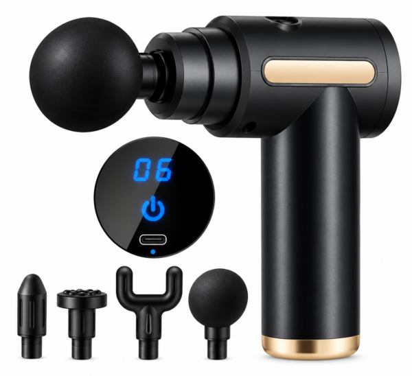 ChatGPT Image Sep 27, 2026, 05_15_34 PM Portable black massage gun with phone size comparison, dimensions and lightweight travel features.