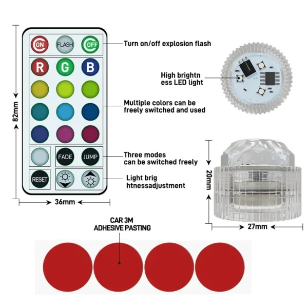 Wireless Adhesive LED Car Interior Ambient Light Remote Control Decor Auto Roof Foot Atmosphere Lamp Bicycle Tail Light