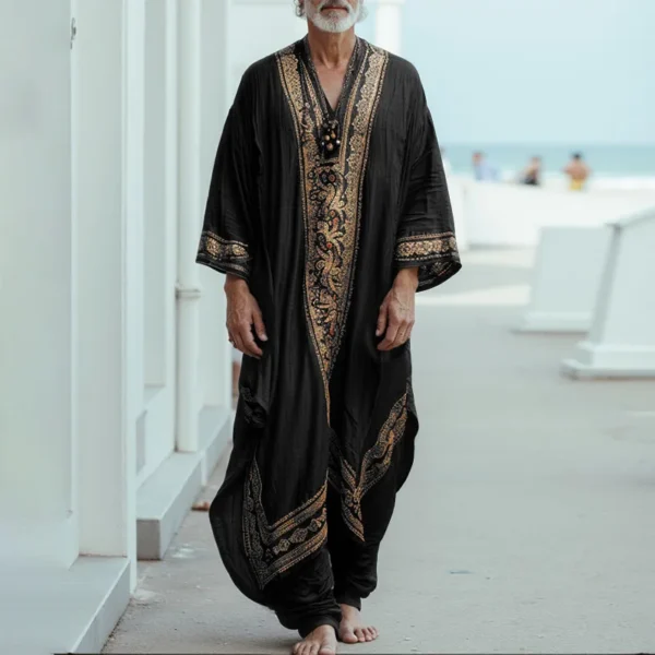 INCERUN Men Jubba Thobe Printing Patchwork V Neck Long Sleeve Male Robes Muslim Kaftan Loose 2025 Arab Casual Men Caftan Abaya
