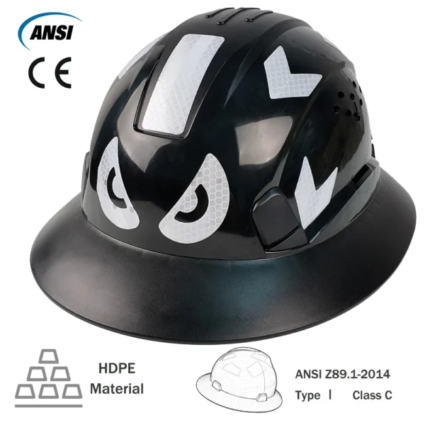 ANSI Full Brim Safety Helmet with Goggles Reflective Stickers HDPE Lightweight Sunshade Breathable Vented Construction Hard Hat