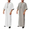Muslim Men Jubba Thobe Solid Color Button Kimono Middle Robe Saudi Musulman Shirt Stand Collar Islamic Arabic Kaftan Men Abaya