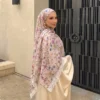 Muslim Women Light Pink Floral Print Hijab Scarf White Lace Edge Chiffon Breathable Headscarf Elegant Islamic Head Wrap