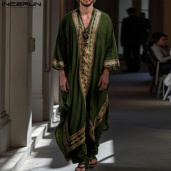 INCERUN Men Jubba Thobe Printing Patchwork V Neck Long Sleeve Male Robes Muslim Kaftan Loose 2025 Arab Casual Men Caftan Abaya