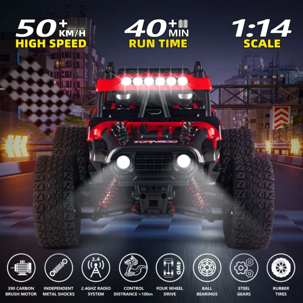 1:14 4WD RC Off-Road Truck – 65KM/H High-Speed Waterproof Remote Control Car with LED Lights