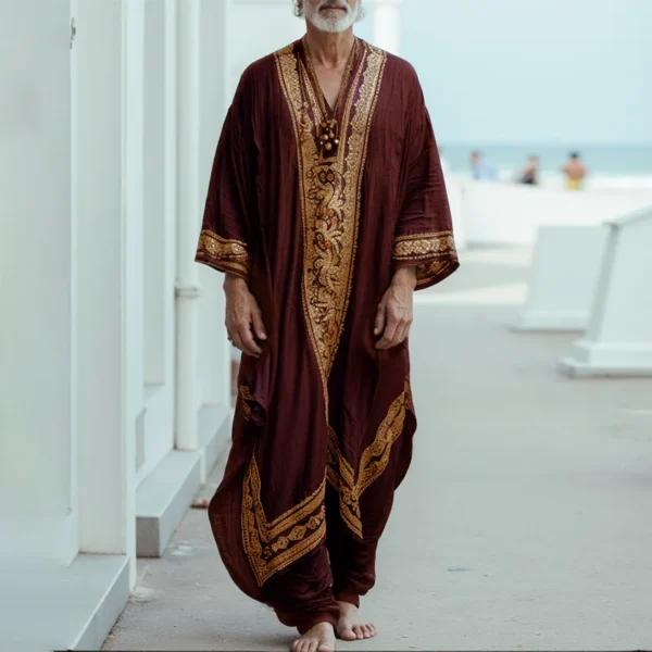 INCERUN Men Jubba Thobe Printing Patchwork V Neck Long Sleeve Male Robes Muslim Kaftan Loose 2025 Arab Casual Men Caftan Abaya