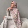 Muslim Women Light Pink Floral Print Hijab Scarf White Lace Edge Chiffon Breathable Headscarf Elegant Islamic Head Wrap