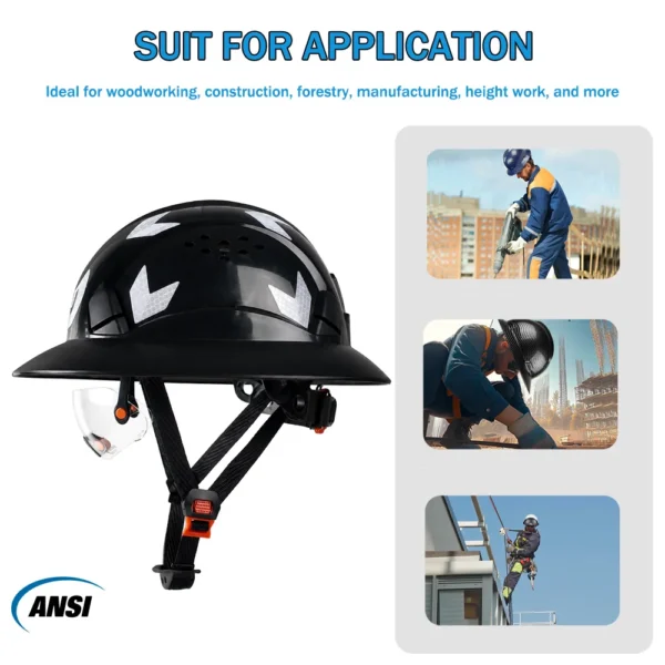 ANSI Full Brim Safety Helmet with Goggles Reflective Stickers HDPE Lightweight Sunshade Breathable Vented Construction Hard Hat