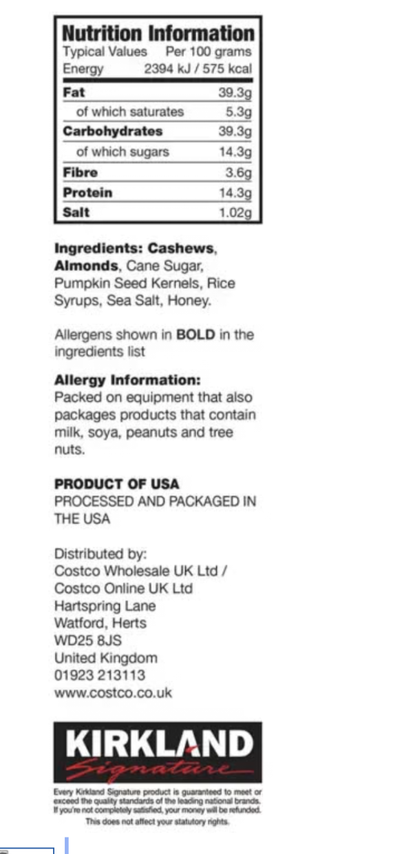 Screenshot 2026-09-13 at 15.46.18 Kirkland Signature Cashew Clusters with Almonds & Pumpkin Seeds 907g