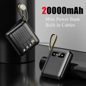 Se9a2efb123514f7da1a0f69249f2f155c.webp 20000mAh Mini Power Bank Fast Charge Portable External Battery Charger Powerbank with 4 Cables for iPhone Samsung Huawei Xiaomi