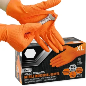 See5e6bff5a184bfc81424ee1e9aab590z.webp Heavy Duty Orange Nitrile Gloves 8Mil Industrial Disposable Gloves with Diamond Textured Grip for Mechanic Safety & Work Gloves