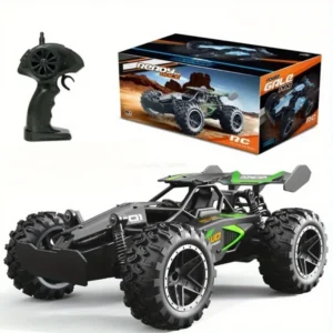 Green 1:18 RC racing car with remote control and box