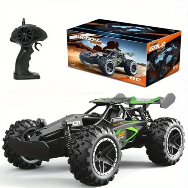 Green 1:18 RC racing car with remote control and box