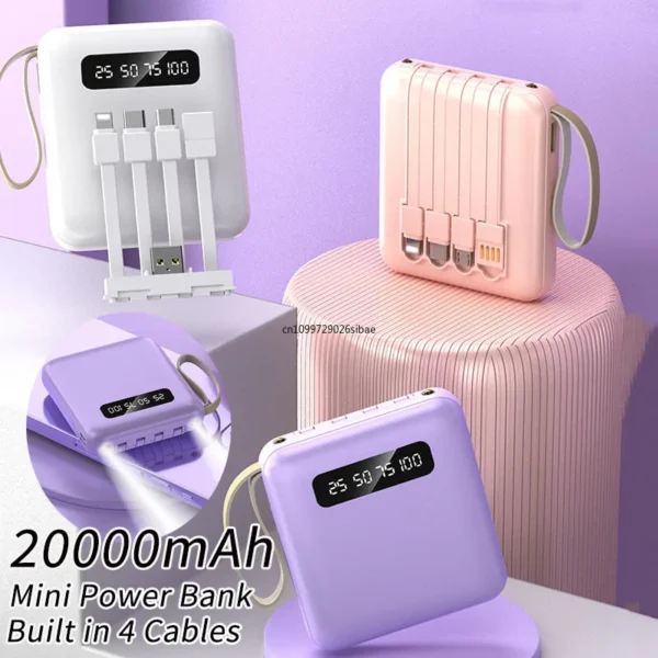 Sfd14698f8de341bbaacece8f5e058224N.webp 20000mAh Mini Power Bank Fast Charge Portable External Battery Charger Powerbank with 4 Cables for iPhone Samsung Huawei Xiaomi