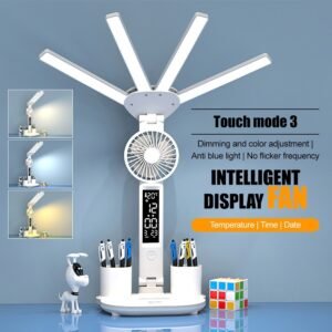 cf441f5c-d28e-4074-bdd8-165d727f25d3.jpg 4-Head LED Desk Reading Lamp With Fan Clock Dimmable Rechargeable Touch Light