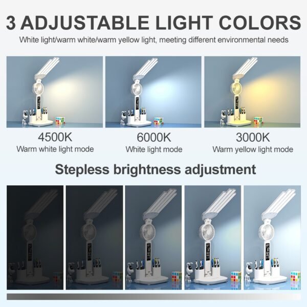 d4320dc4-26b6-4ec8-82a0-b7badec88483.jpg 4-Head LED Desk Reading Lamp With Fan Clock Dimmable Rechargeable Touch Light