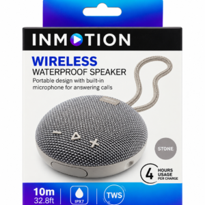 InMotion Stone Wireless Speaker Packaging InMotion wireless waterproof Bluetooth speaker in Stone colour with IPX7 protection, TWS pairing and built-in microphone.
