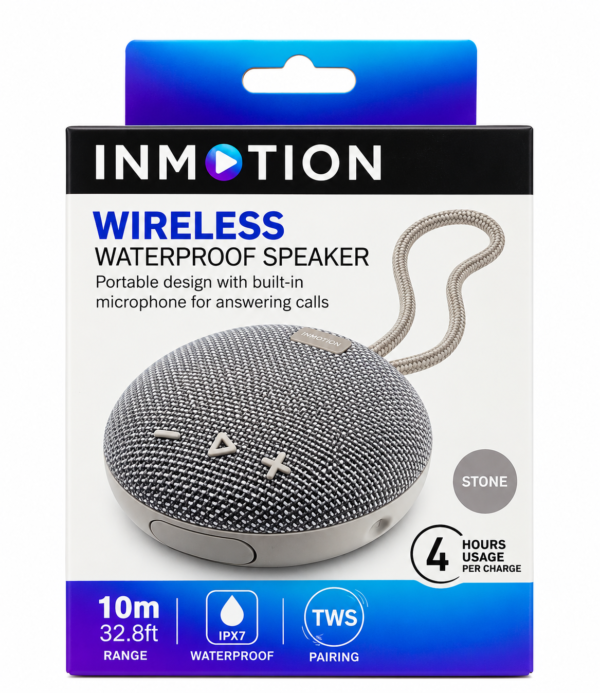 InMotion Stone Wireless Speaker Packaging InMotion wireless waterproof Bluetooth speaker in Stone colour with IPX7 protection, TWS pairing and built-in microphone.