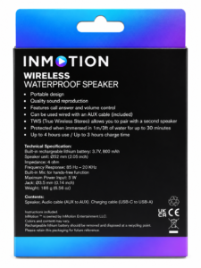 InMotion wireless waterproof Bluetooth speaker in Stone colour with IPX7 protection, TWS pairing and built-in microphone.