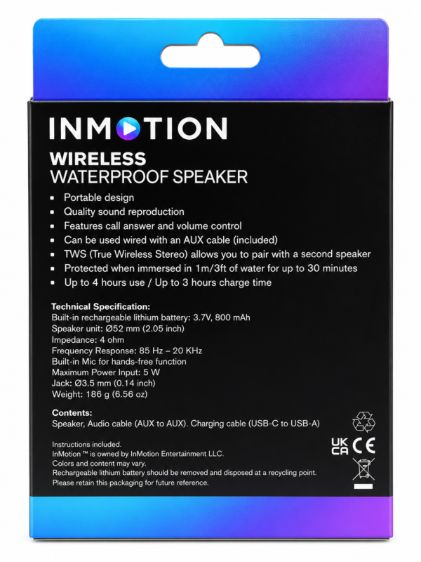 InMotion Wireless Speaker Box Back InMotion wireless waterproof Bluetooth speaker in Stone colour with IPX7 protection, TWS pairing and built-in microphone.