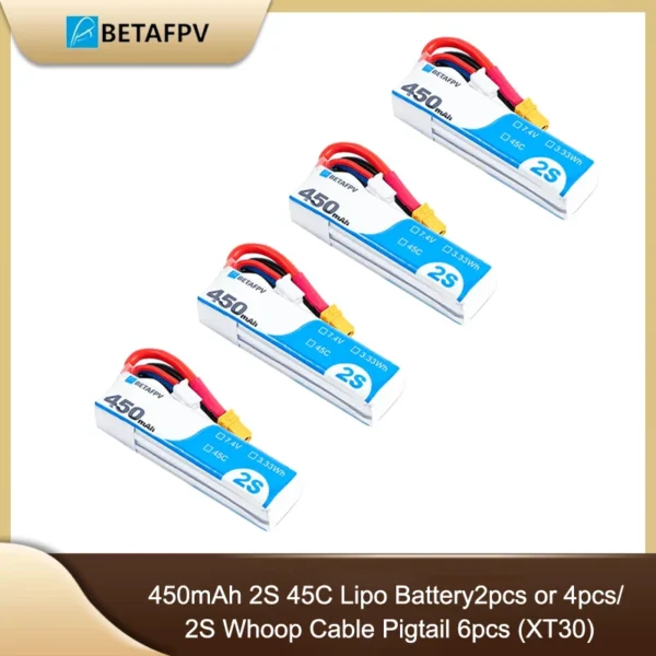 S4e5b86b8191847bfa37c2191300900b3e.webp Betafpv 450mAh 2S 45C Lipo Battery/ 2S Whoop Cable Pigtail (XT30)