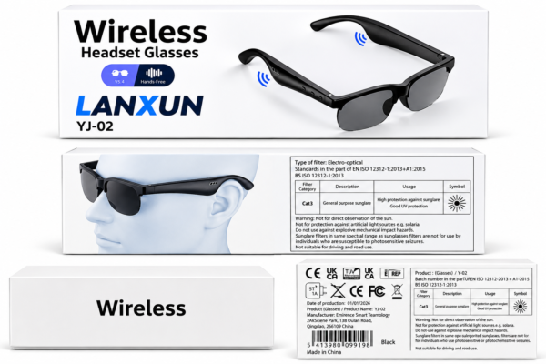 Wireless Headset Sunglasses Packaging Collage LANXUN YJ-02 Wireless Bluetooth Audio Sunglasses – Hands-Free Smart Headset Glasses